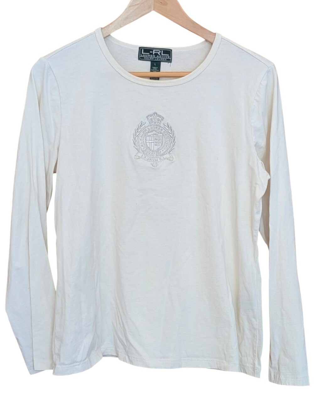 Lauren Ralph Lauren Cream Crewneck Tee with Embroidered Crest L Preppy Classic